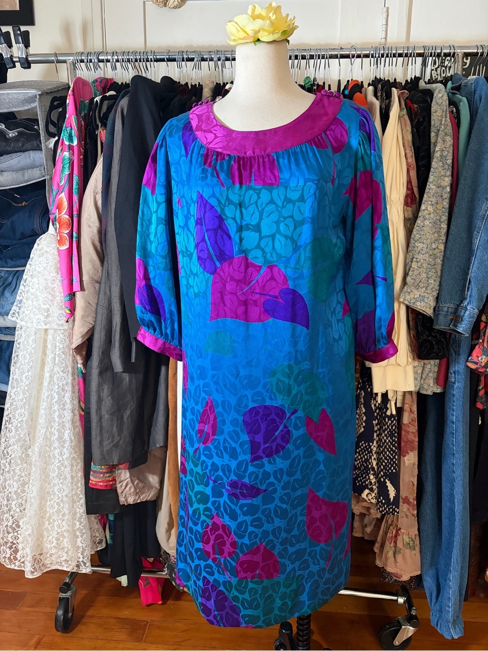 VTG 80s I. Magnin International Ltd Pure Silk Leaf Shift Dress Teal Fuchsia